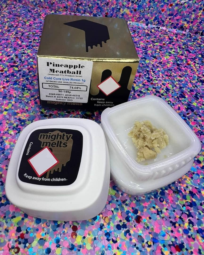 2026/07/1000022259.jpg Mighty Melts
Pineapple Meatball Cold Cure Live Rosin, 1.0g - Image 1